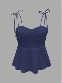 1 Piece Women's Casual Top With Ruffled Hem, Elegant Pure White Minimalist French Tank Top, Fitted Cropped Camisole, Lightweight For Vacation And Work, Front Tied Strap, Sexy Babydoll Silhouette, Spring/Summer/Autumn - 藏蓝色 - 查看 4