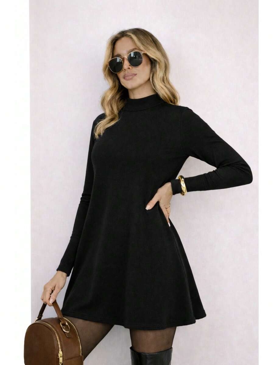 Women's Short Dress With Long Sleeves, Soft Suedine Cotton, Comfortable Premium Knit - màu đen - Xem 1