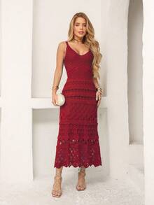 Women's Midi Dress, Knit With Lace, Party, Beach, Sophisticated, New Year's Eve, Christmas, Vacation, Beach, Wedding, Bridesmaid - 焦紅色 - 查看 7