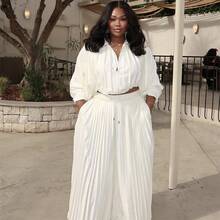 European And American-Border Women's Clothing 2026 Spring New Fashion Casual Loose Solid Color Pleated Top And Wide-Leg Pants Set - 白色 - 查看 3