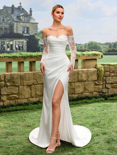 White Lace Long Sleeve Wrap Mermaid Wedding Dress With Thigh High Slit
