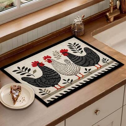 1pc Absorbent Drying Mat, Farmhouse Rooster Pattern, Kitchen Decor, Coffee Machine Mat, Handmade Coffee Pot Draining Pad, Kitchen Floor Mat, Dining Table Mat, Kitchen Counter Dish Drying Mat, Breakfast Mat, Heat-Resistant Anti-Slip Drying Mat, Diatomite Drying Mat, Hides Stains, Super Absorbent Kitchen Mat, Easy To Clean Dish Rack Mat, Suitable For Kitchen, Dining Table, Coffee Shop, Bar, Holiday, Party, Home Decor, Holiday Gift