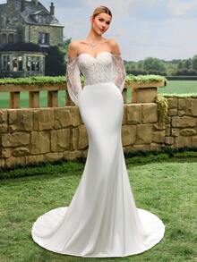 Đầm dạ hội trang trọng tay cánh hoa, đầm cưới đuôi cá, đầm cô dâu - trắng - Xem 4