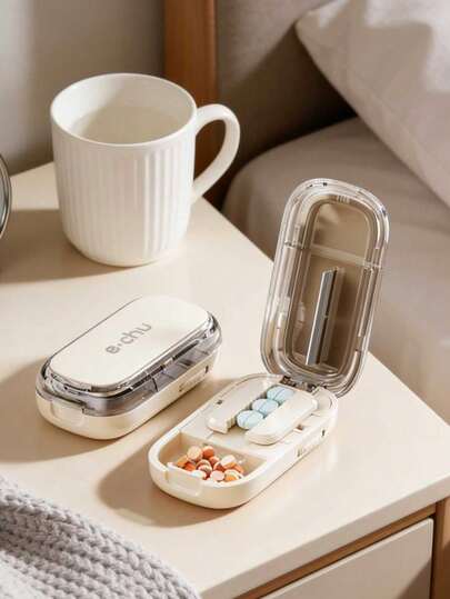 E-Chu Pill Cutter And Divider | Portable Medication Dispenser For Tablets, Accurate One-To-Two Tablet Splitter, Convenient Pill Organizer Case With Easy-To-Use Design, Made Of Plastic