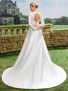 蕾丝白色长袖A字缎面婚纱 - 白色 - 查看 8