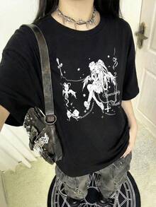 2026 Summer New Women's Round Neck Casual Loose Anime Gothic Style Printed Pattern Y2K Streetwear Versatile College Student Short Sleeve T-Shirt, 1 Piece - Black - View 2