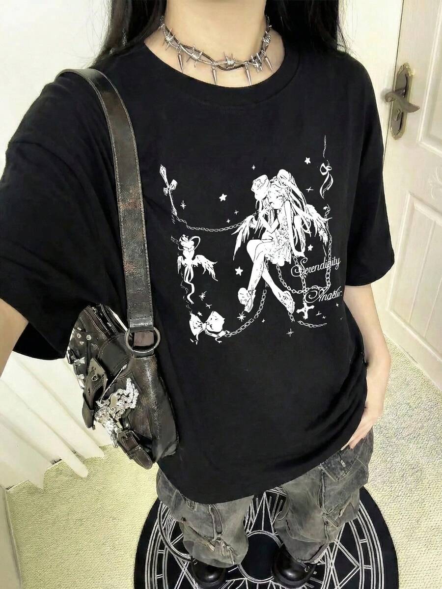 2026夏季新款女式圆领休闲宽松动漫哥特风印花Y2K街头风百搭大学生短袖T恤，1件装，黑色 - 黑色 - 查看 1