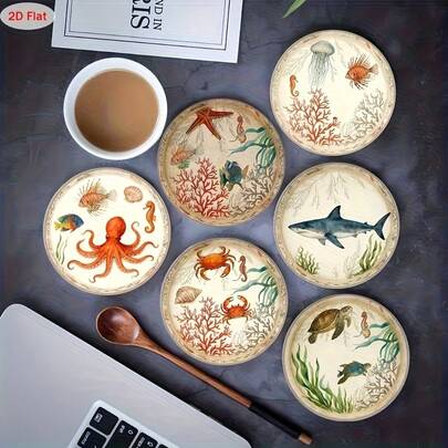 1pc/2pcs/6pcs Marine Life Themed Wooden Coasters, Suitable For Home Gatherings, Cafes, Offices, All Occasions, Home Decor, Christmas Gifts