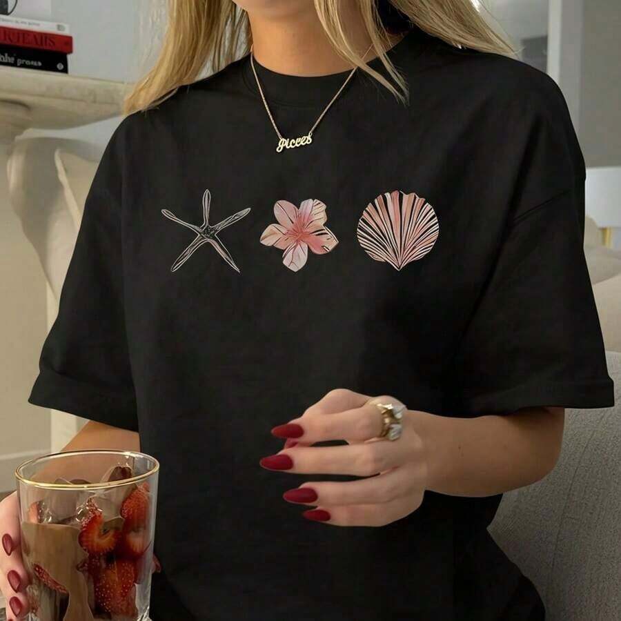 Women's Graphic Tees, Cotton, Loose Fit, With Starfish, Flower And Shell Print, Casual Short Sleeve Round Neck Tee, Loose Fit Top, Sizes S-5XL, Fashionable For Summer Beach Vacation, Soft And Breathable Basic Tee For Everyday Wear, Cotton Summer Tops. - 黑色 - 查看 1