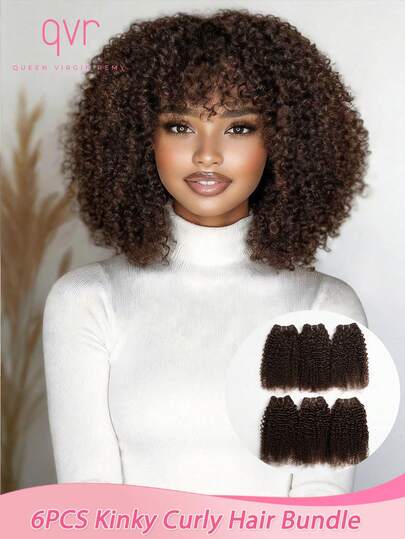 QVR QUEEN VIRGIN REMY 6 piezas de mechones de cabello humano rizado y rizado de color marrón oscuro para hacer pelucas, cabello virgen remy brasileño rizado, fácil de usar, económico, paquetes de cabello rizado afro de múltiples colores