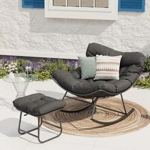 Techigher Outdoor Rocking Chair With Footstool, Oversized Patio Wicker Egg Chair With Thick And Removable Cushion, Metal Frame, Comfy Rocking Lounge Chairs For Living Room, Balcony, Yard & Porch - Gris 1 - Ver 8