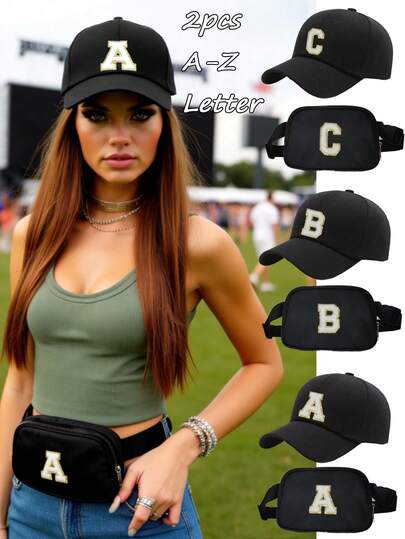 2件套女士个性化字母棒球帽和腰包套装，时尚多功能户外遮阳帽，配有可调节肩带和可装手机的腰包，适合跑步、户外活动、音乐节、日常街头穿着。
