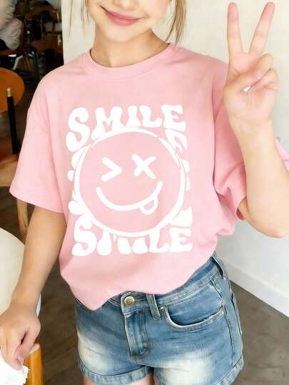 Tween Girls' Casual Funny Print Crew Neck Short Sleeve T-Shirt, Summer Top