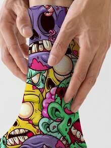 1 Pair 360 Men's Socks – Fun All-Over Print Featuring Skull ,Soft, Comfortable, And Highly Elastic, These Fashionable Casual Streetwear Hip-Hop 360 Socks Are Perfect As Compression Gear, Valentine's Day Socks, Or Loose Maternity Socks. - Multicolor - View 4