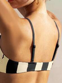 2026夏季新款女士高腰短裤沙滩套装，搭配时尚米色或黑色竖条纹印花吊带比基尼套装。吊带颜色随机，清新甜美少女风分体泳衣，简约U罩杯两件套，是海滩、水疗中心、度假的必备单品。 - 彩色 - 查看 5