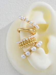 4件套夸张时尚复古硬币珍珠水滴宽夹式耳环套装，适合女性、情侣、度假、约会、日常、派对、婚礼，也是送给妈妈、朋友的礼物。 - 金黃色 - 查看 8