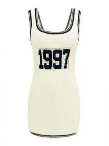 Letter Print Knit Dress, Button Front, Contrast Trim - Beige - View 3