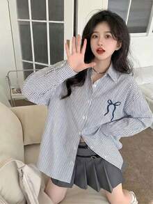 女式蓝白条纹领结衬衫，宽松轻薄长袖衬衫，秋冬 - 藏青色 - 查看 1