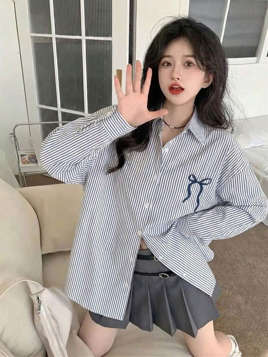 女式蓝白条纹领结衬衫，宽松轻薄长袖衬衫，秋冬 - 藏青色 - 查看 1