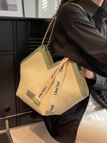 New Fashionable Multi-Function Contrast Color Design, Striped Design, Large Capacity Dual Handle Shoulder Bag And Handbag, Suitable For Travel, Shopping And Commuting, Decorated With Scarf Pattern, Elegant Ladies Wallet, Business Commuter Wallet - Green - View 4