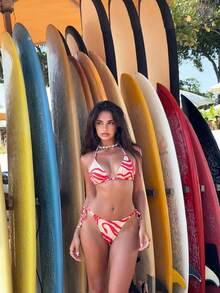 2026新款时尚女士露背不规则印花系带性感比基尼套装，优雅休闲，适合海滩、派对、春假、旅行、日常休闲，波西米亚风格 - 彩色 - 查看 1