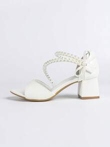 Women's Block Heel Sandals With Beaded Ankle Strap Bridal Style White Wedding Heels - White - View 5