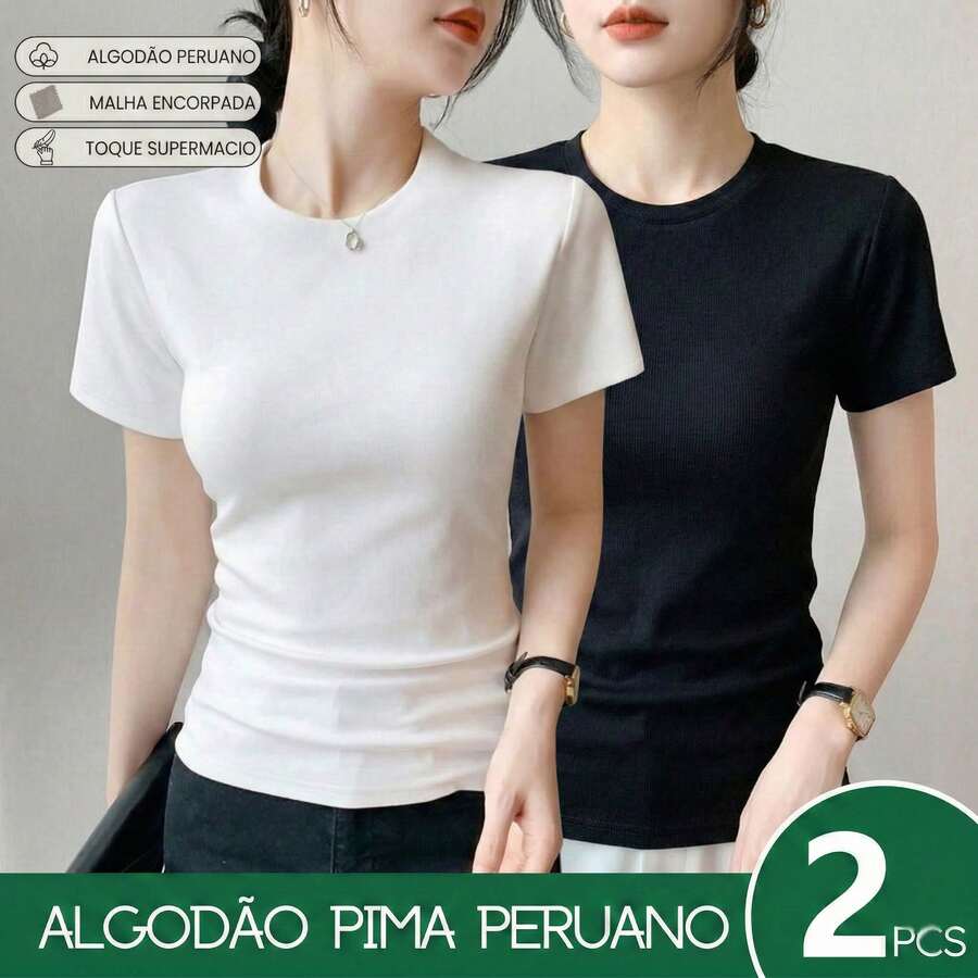 ACME MADE IN CHINA 2-Piece Set: Basic T-Shirt, Peruvian Pima Cotton, Thick Fabric, Super Soft Knit, Imported, , New Spring Arrival - Kit 2 piezas Blanco/Negro - Ver 1