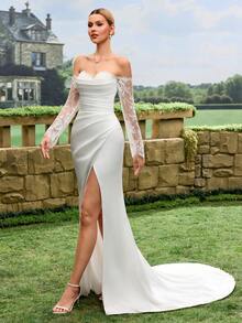 白色蕾丝长袖裹身鱼尾婚纱，高开衩设计 - 白色 - 查看 7