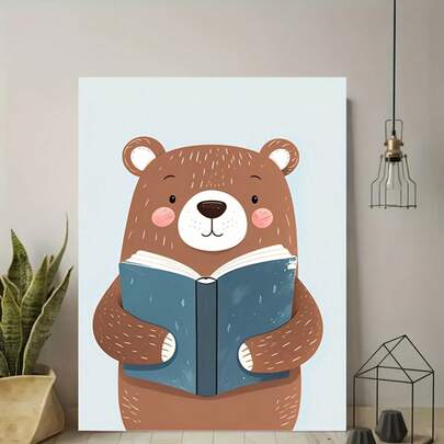 1 Pc Unframed Canvas Wall Art Posters - Adorable Bear Reading, Whimsical Animal Wall Arts, Vibrant Colors, High-Quality Printing, Lively Illustrations, Modern Wall Decoration, Suitable For Homes, Offices, Children's Rooms, Cafes, Charming Bear-Themed Home Decor, Bear-Themed Decorations, Children's Room Art, Artistic Charm.