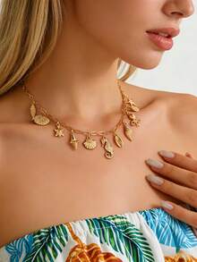 1件创意海洋主题夏季海滩度假海星贝壳吊坠项链，百搭日常佩戴，馈赠亲友佳品 - 金黃色 - 查看 9