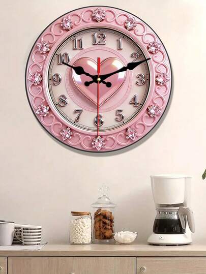 1个2D扁平粉色心形静音挂钟，创意设计，适用于卧室、客厅、办公室，尺寸10/12英寸（不含电池）