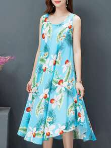 Women's Printed Sleeveless Long Flared Dress - Round Neck, Loose Fit, Bohemian Resort Style, Artistic Floral Print, One-Piece And Elegant, Suitable For Parties, Beach Vacations, Casual Home Wear, Easy To Care For - 淺藍色 - 查看 1
