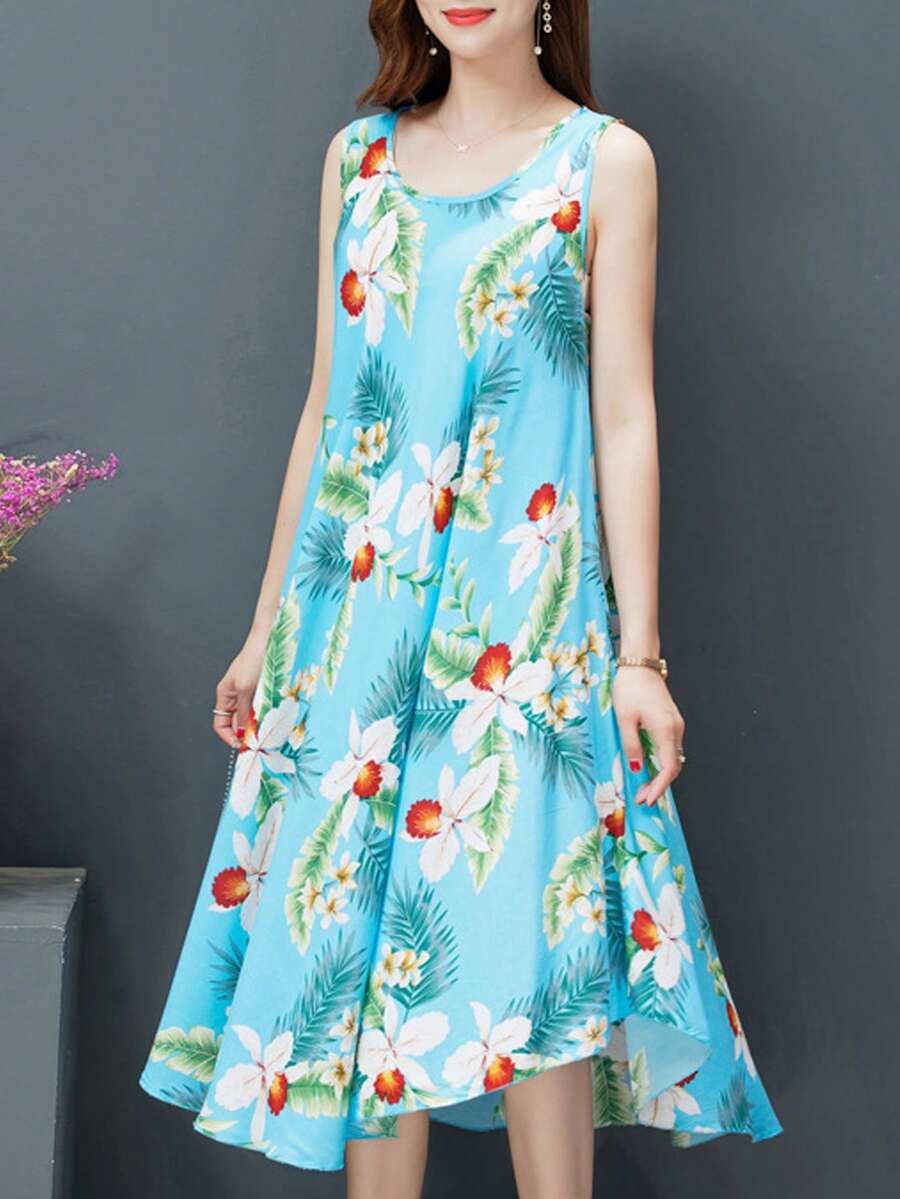Women's Printed Sleeveless Long Flared Dress - Round Neck, Loose Fit, Bohemian Resort Style, Artistic Floral Print, One-Piece And Elegant, Suitable For Parties, Beach Vacations, Casual Home Wear, Easy To Care For - 淺藍色 - 查看 1