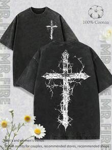 Men's Washed Pure Cotton Short Sleeved T-Shirt With Thorn Cross And Dark Pattern,  And Retro Style, High-Quality Fashion, Soft And Comfortable For Daily Wear/Holiday Gifts/Party Celebrations, Men's Vintage Pure Cotton T-Shirt. .. . Women's Printed T-Shirts, Fun Printed T-Shirts, Men's Printed T-Shirts, And 100% Cotton T-Shirts Are All Designed Specifically For Young People And Fashion Enthusiasts. Very Suitable For Casual Wear And Street Style. It Is An Excellent Gift For Friends And Family. - 黑色 - 查看 1
