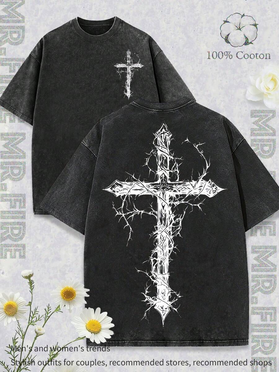 Men's Washed Pure Cotton Short Sleeved T-Shirt With Thorn Cross And Dark Pattern,  And Retro Style, High-Quality Fashion, Soft And Comfortable For Daily Wear/Holiday Gifts/Party Celebrations, Men's Vintage Pure Cotton T-Shirt. .. . Women's Printed T-Shirts, Fun Printed T-Shirts, Men's Printed T-Shirts, And 100% Cotton T-Shirts Are All Designed Specifically For Young People And Fashion Enthusiasts. Very Suitable For Casual Wear And Street Style. It Is An Excellent Gift For Friends And Family. - 黑色 - 查看 1