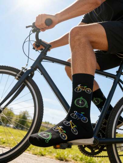 1 par de calcetines de media caña con estampado de bicicleta para hombres, calcetines deportivos y casuales para ciclismo de todas las temporadas