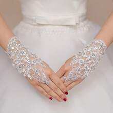 2pcs/Set White Short Rhinestone Lace Fingerless Gloves, Bridal Embroidered Lace Gloves, Elegant Accessory For Wedding Dress, Suitable For Wedding, Banquet, Party, Performance, Birthday, Holiday Events,Summer,Beach - Multicolor - View 10