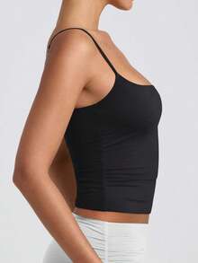 Women's Basic Double Lined Scoop Neck Tank Tops Adjustable Cami Tank Summer Sleeveless Tops - 黑色 - 查看 3