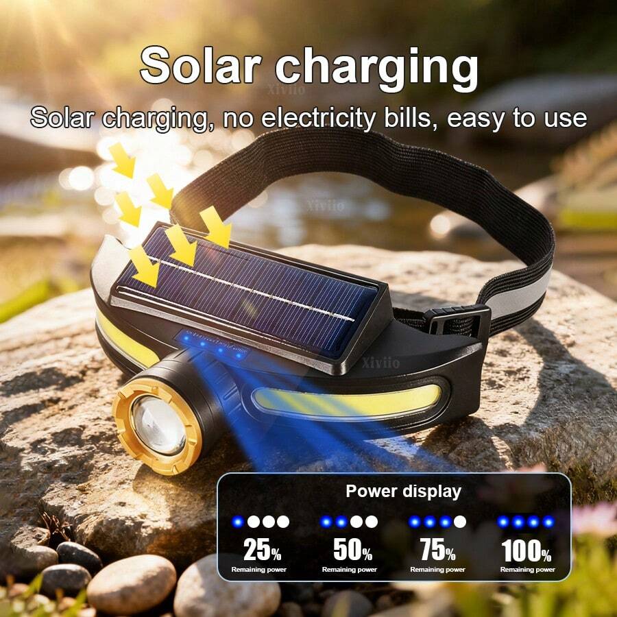 9900流明超强太阳能头灯，4种模式，可充电LED头灯，太阳能充电，内置电池，户外钓鱼灯