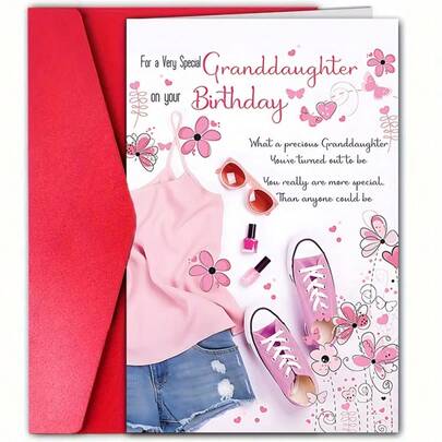 1 Tarjeta de cumpleaños encantadora para nieta con sobre - Mensaje "Eres talla grande especial de lo que nadie podría ser", diseño floral rosa y morado, con gafas de moda y acentos de maquillaje - Tarjeta de felicitación de alta calidad y linda para familia, hija, novia o compañera de clase