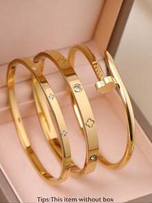 3pcs Stainless Steel Bracelet Set For Women, Stainless Steel Floral Rivet Bracelet, Suitable For Party, Daily Wear, European And American Style, Personalized, Generous, Luxury Cubic Zirconia Bangle, Wedding Jewelry Set, Gift For Girl, Lady, Relative, Friend, Beautiful Wedding, Birthday, Valentine's Day - Gold - View 1