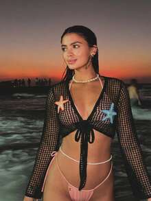 Women's Sexy Semi-Sheer Knitted Mesh Cover Up With Starfish Pattern, Perfect For Beach Vacation - Black - View 2