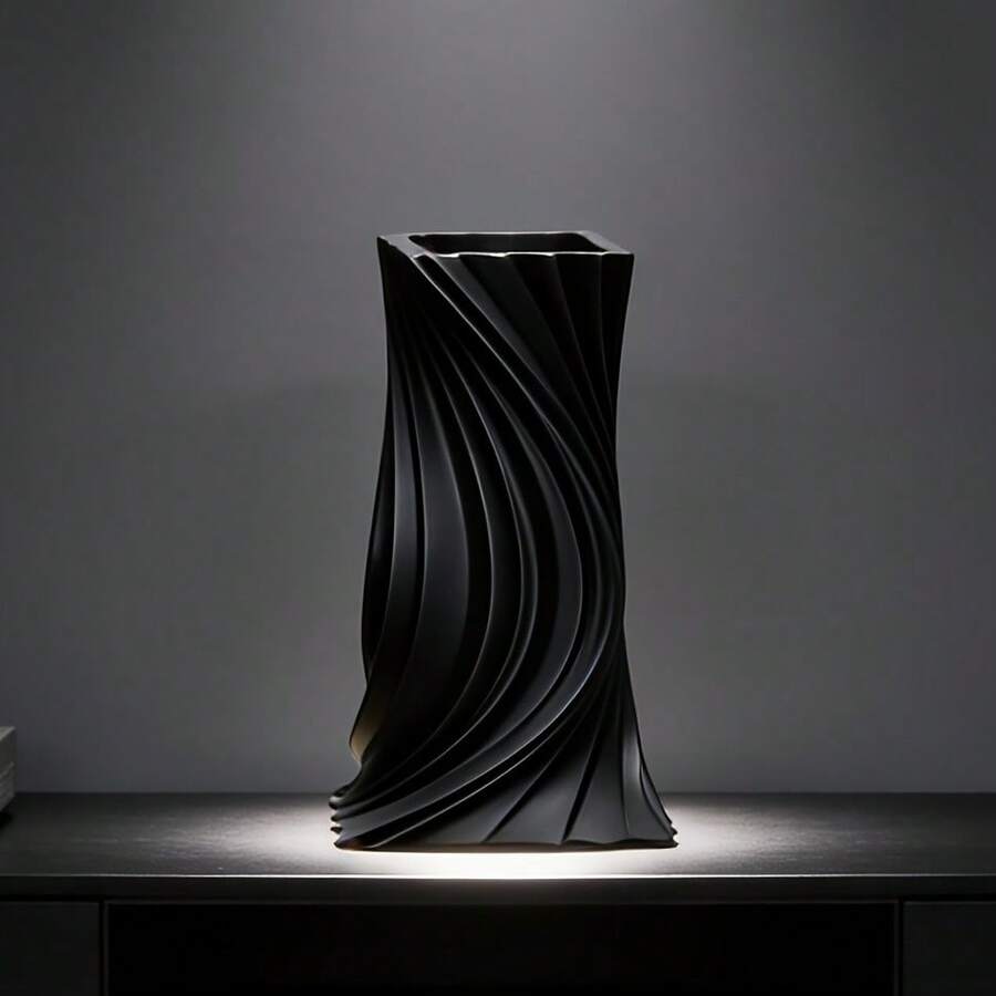 Modern Curved Art Vase | Lightweight And Durable Plastic Material, Suitable For Floral Arrangements And Hydroponics, Ideal For Minimalist Dining Table, Home Office, Or Living Room Décor - đen - Xem 1