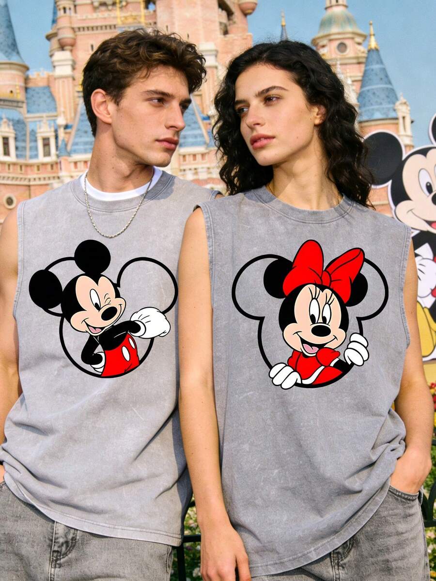 Disney Headshot Couple Set 230GSM Vintage Washed Streetwear Tank Top, Casual Couple Tank Top - 女士2 - 查看 1