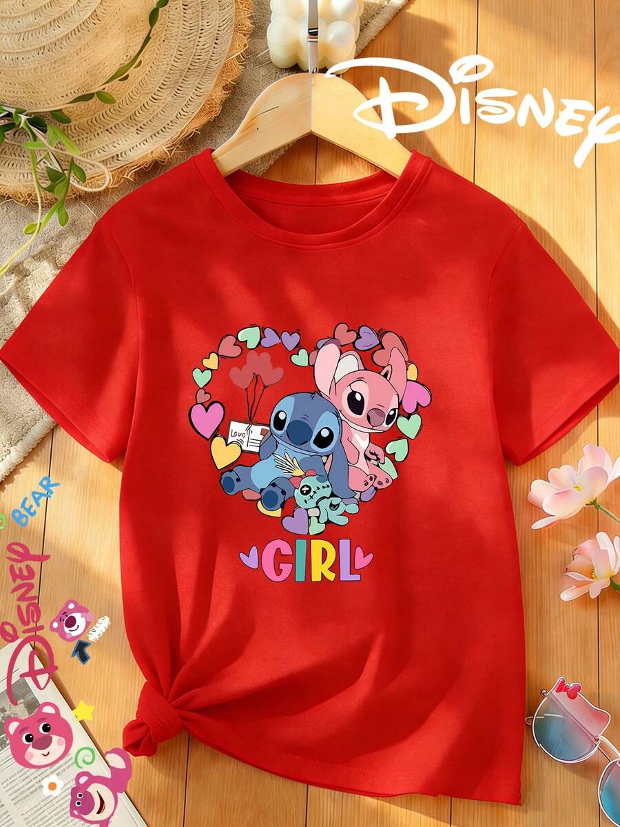 Disney Officially Licensed Stitch And Angel Print, Women's High-Waisted Slim-Fitting Short-Sleeved T-Shirt, Casual Beach Short-Sleeved Top - 紅色 - 查看 1