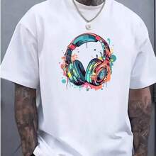 Men's Cotton T-Shirt, Colorful Gaming Headset, Online Gaming, Splash Cartoon Design, Children's Streetwear, Plus Size (Up To G5) 01 - 白色 - 查看 2