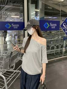 女士休闲灰色不对称领口T恤，宽松显瘦露肩短袖，美式复古休闲百搭上衣，夏季ins风 - 深花灰 - 查看 5