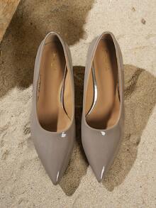 尖头低帮鞋，美式高街风格高端灰色哑光皮革派对高跟鞋，春秋季时尚百搭缓震鞋，女士职业鞋 - 卡其色 - 查看 5