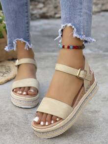 Women's Yellow-Brown Woven One-Strap Wedge Ankle Strap Platform Sandals - Beige - View 4