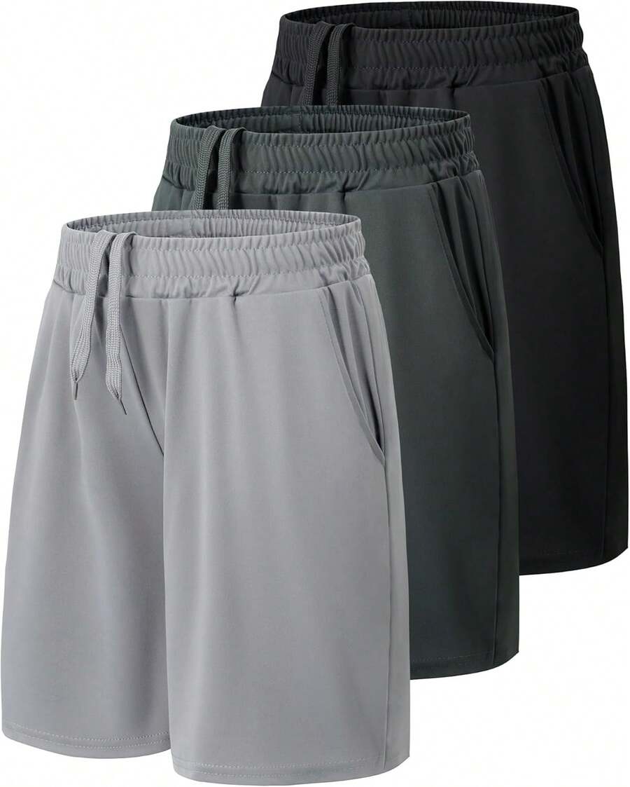 3 Pack Athletic Basketball Boys Shorts - Teen Black Soccer Running Baseball Quick Dry Shorts With Pockets For Youth - C-黑色/深灰色/淺灰色 - 查看 1